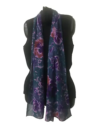 Cejon Women's Oblong Scarf Shawl Sheer Purple Blue Rust Floral 64 X13  B27 • $10.73