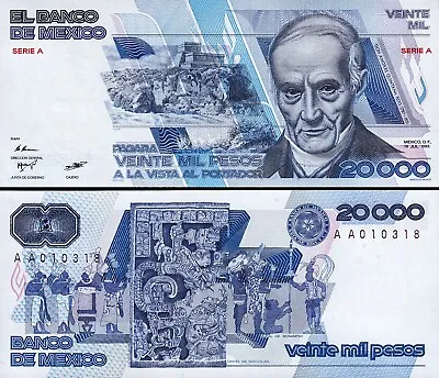 Mexico 20000 Pesos 1985 UNC P-91a Serie A Prefix A A • $48.50