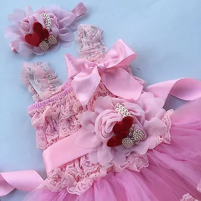Valentine S Day Pink Girl Dress & Pink Sash Match Headband Party Wedding Outfit  • $32.89