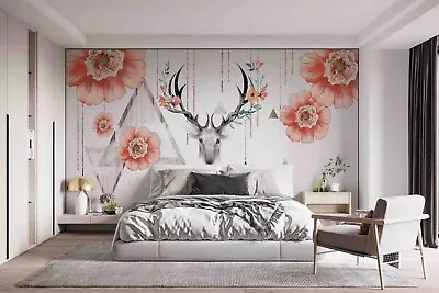 3D Hand Drawn Pink Floral Elk Wall Murals Wallpaper Murals Wall Sticker • $129.52