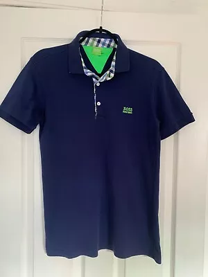 Hugo Boss Navy Collared Short Sleeve Mens Polo Shirt Green/check Trim Used • £20