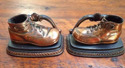 Pair Vtg Mason Masterpieces Heirloom Copper Mounted Baby Shoes Booties Book Ends • $51.29