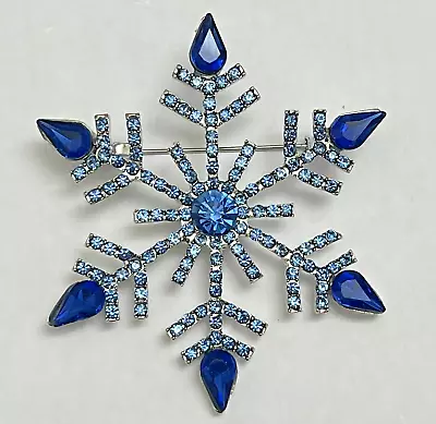 Royal Blue Crystal Glass Rhinestone Snowflake Brooch Pin Christmas Large Vintage • $11.33