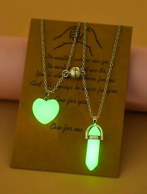 £6.95 • Buy Set Of 2 Glow In The Dark Chakra Crystal & Heart Silver Chain Necklace Luminous.