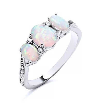 925 Sterling Silver Opal & CZ Trilogy 3 Stone Ladies Ring Size J To S • £14.95