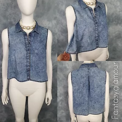 NOISY MAY Cropped Denim Shirt Top Blue Relaxed Sleeveless Collared Size L UK 12 • £10