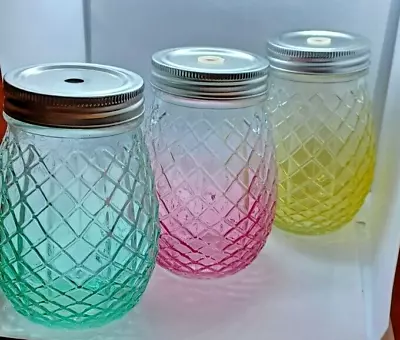 Pineapple Shaped Glass Jar Set Of 3 Mason Jar Lids For Straws Theme Party Aloha • $28.95