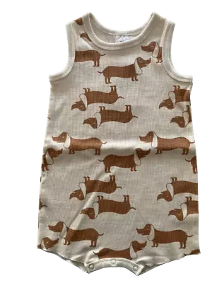 Baby Boys Romper Bodysuit Outfit Sausage Dog Dachshund Short Beige Sz 1 2 BNWT • $14.95