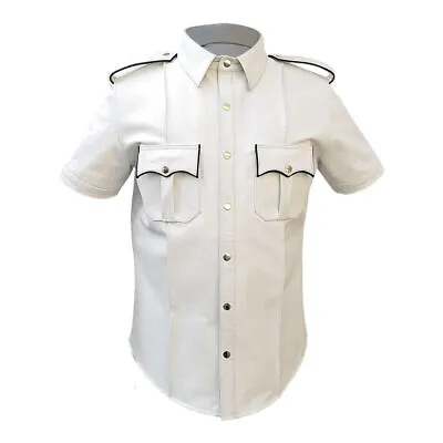 Mens Police Uniform Style Shirt Real Soft White Leather Shirt With Black Piping • $114.99