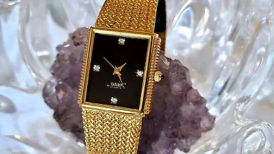 Vintage Beautiful Gents Xavier Quartz Diamond Markers Black Dial Gold Tone Watch • $70