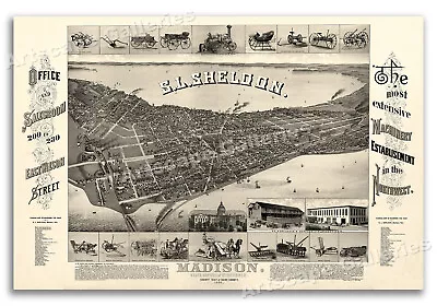 Bird's Eye View 1885 Madison Wisconsin Vintage Style City Map - 16x24 • $13.95