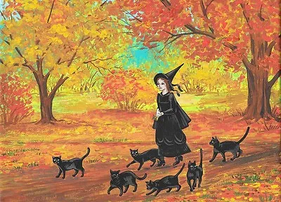 ACEO PRINT OF PAINTING RYTA HALLOWEEN WITCH BLACK CAT VINTAGE STYLE Salem Art 🦇 • $7.49
