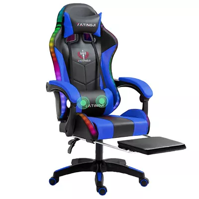 Premium Gaming Chair 2-Points Massage Racing RGB LED Leather Footrest Office • $129.99