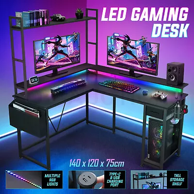 Gaming Desk L Shaped Drawer Computer Racer Standing Side Table LED Lights • $199.95