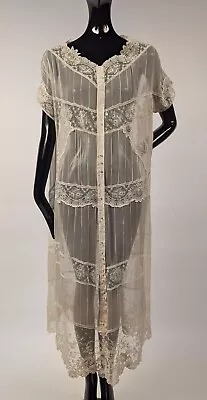 Antique Flapper 1920’s White Silk Chiffon Dress W Lace Insertion • $285