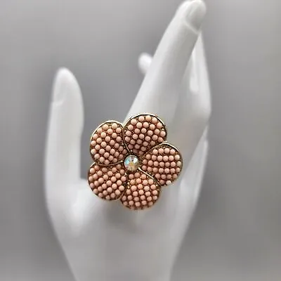 Flower Ring Peach Salmon Beads Aurora Borealis Center Stone Vintage Stretch READ • $16