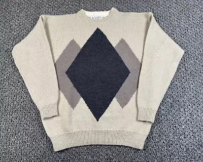 VTG 90s Preppy Argyle Pattern Sweater Adult Medium Beige Wool Acrylic Knit Aggio • $25