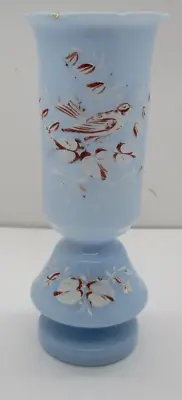 Bristol Light Blue Glass Handpainted Floral And Bird Vase • $26.99