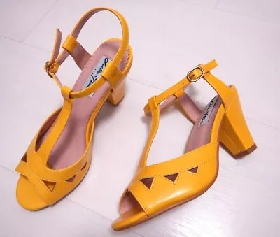 MODCLOTH Lulu Hun Veronica Yellow Strappy Sandal Heels Shoes Sz 7.5 Ish 2D • $32.99