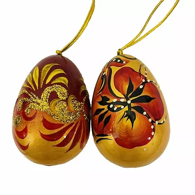 2 Hand Painted Lacquered Wooden Eggs Gold Red Black 1 With Glitter 2  Tall VTG • $17
