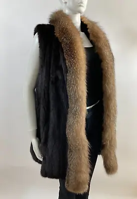 SZ XL - Beautiful Dark Brown Extra Long Mink Fur Vest Coat - Crystal Fox Trim • $339.99