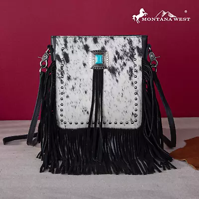 Montana West Genuine Leather Hair-On Cowhide Fringe Bohemian Crossbody - Black • $85.99