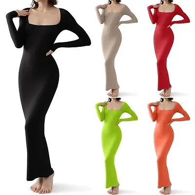 $31.39 • Buy Women's Square Neck Long Sleeve Maxi Dress Soft Ribbed Bodycon Dresses For Women