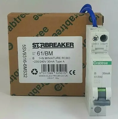 Crabtree 16A Starbreaker Miniature Compact RCBO B16 Amp30mA Type A 61/BM1630 • £19.99