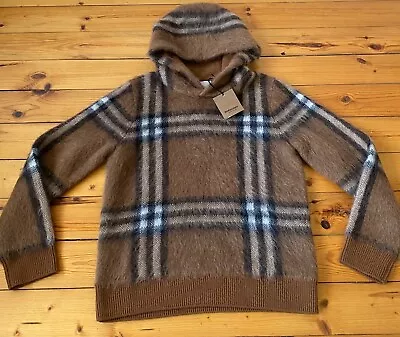 Burberry Checked Brushed Knit Hoodie Brown Wool Mohair  Men’s Sz- S • £850