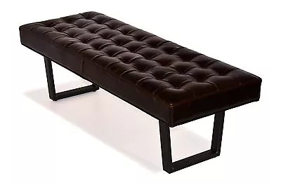 Mid Century Retro Dark Brown Button Tufting Leather Bench Ottoman Coffee Table  • $1100.72