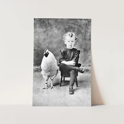 Kid Smoking Cigarette With Chicken Rooster Vintage 1900s Wall Art Poster Print • $29