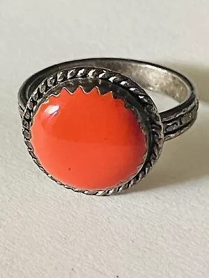 🦄vintage Silver Tone Firey Orange Enamel Ring • $1