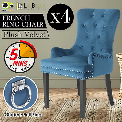 4X Dining Chair French Provincial Ring Studded Velvet Rubberwood LISSE - NAVY BU • $529