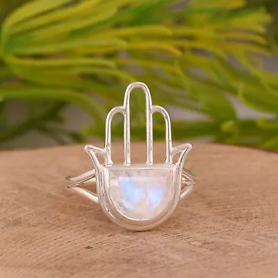 Lucky Religious Hamsa Hand Ring 925 Sterling Silver Rainbow Moonstone Ring • £17.33