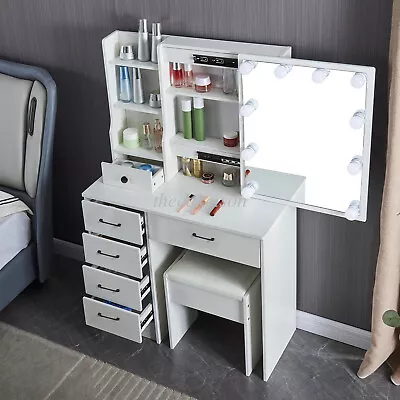 Large Vanity Desk Set With LED Lighted Mirror 6 Drawers For Bedroom & Stool • £134.80