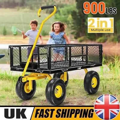 4 Wheel Large Steel Garden Trolley 408kg Heavy Duty Cart Mesh Wagon Wheelbarrow • £89.29