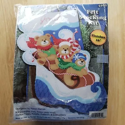 Vintage Christmas Felt 16  Stocking Kit Teddy Bears Riding Snow Sled Made In USA • $14.83