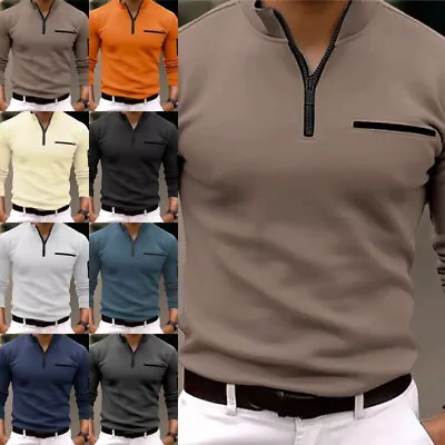 Mens Polo Shirt Long Sleeve T-shirt Men's 1/4 Zip Sport Solid Business Golf Tops • £13.77