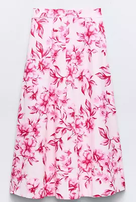 Zara Floral Print Midi Skirt High Waist Pink 7484/067 Xs-xl • £69