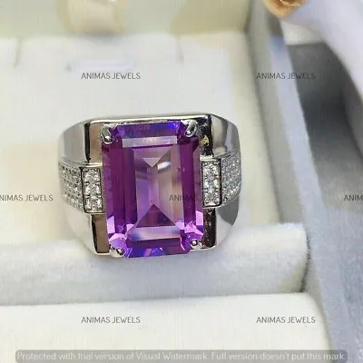 Lab-Created Amethyst 3ct Emerald Cut Men's Engagement Ring 14K White Gold Plated • $120.35
