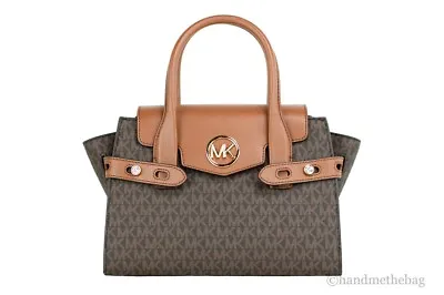 Michael Kors Carmen Medium Brown Signature PVC Leather Satchel Hand Bag Purse • $109