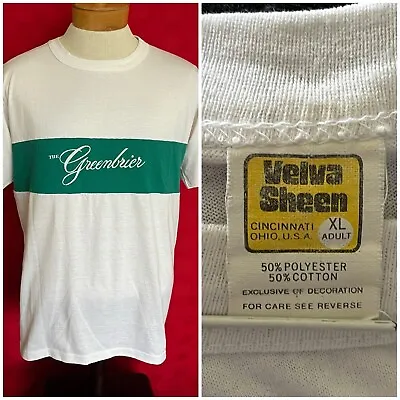 VINTAGE 1970s 1980s The Greenbrier Velva Sheen Shirt Large XL Club Green White • $28.35