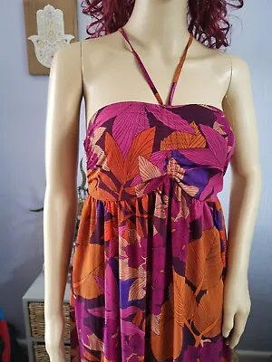 MAXI Sun  Dress Halter Neck Lined Multi Floral Print Size 8/10  Hippie Boho  • £8.99