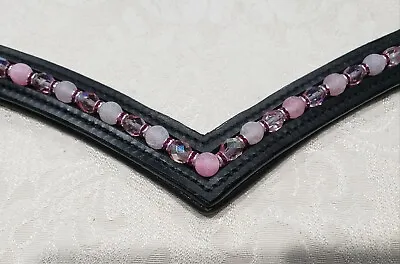 16  (Full/Horse) Black V-Shape Browband W/XL Loops And Pink Beads And Crystals • $50