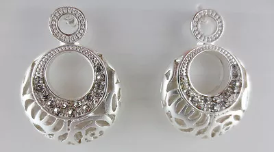 Matte Silver Pated Crystal Rhinestone Cutwork Design Hoop Stud Earrings • $6.99