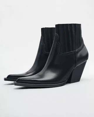 Brand New Zara Black Heeled Cowboy Ankle Boots Ref 3133/010 Size 5US • $70