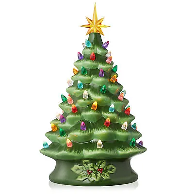 15  Pre-Lit Green Ceramic Christmas Tree Hand-Painted Tabletop Decor With Lights • $39.99