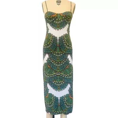 MARA HOFFMAN Fitted Peacock Feather Print Midi Dress In Green Size M • $69