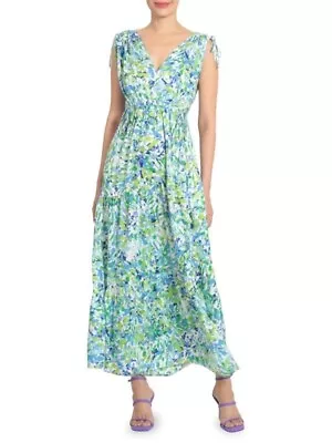 Maggy London Womens Size 8 Green Blue Floral Tie Shoulder Maxi Dress • $28.90