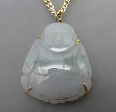 Vintage Gold Filled Green Jadeite Jade Buddha Pendant Gold Tone Chain Necklace • $58